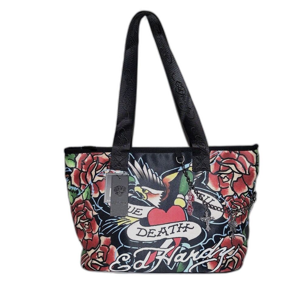 NWT Ed Hardy Lulu Black Tattoo Print Large Tote Shoulder Bag With Chain Charm